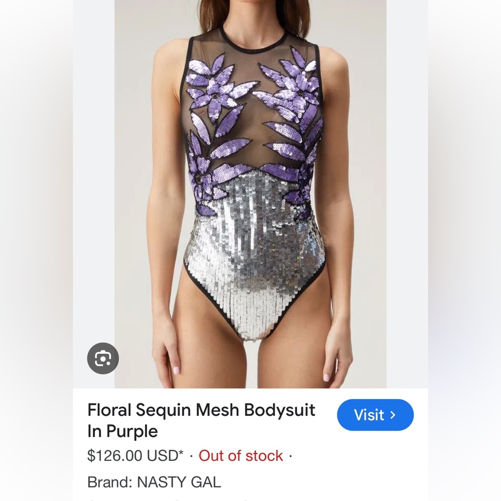 Nasty Gal Purple and Silver Floral Sequin Mesh Bodysuit See through festival
